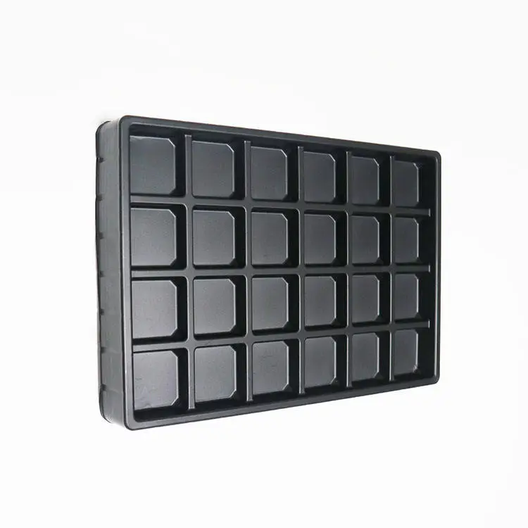 Custom Disposable 24 Compartment 0.7mm Black PS Plastic Vacuum Forming Chocolate Trays Insert for Chocolate Boxes